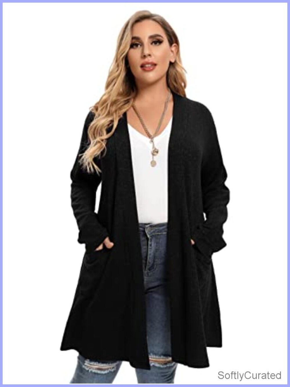 Plus Size Open Front Knit Cardigan Sweater with Pockets Long Sleeve